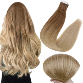 Full Shine Tape in Hair Extensions Ombre Human Hair Extensions Color 10 Golden Brown Fading to 14 Dark Blonde 22 Inch Real Hair 50 Grams 20 Pieces Seamless Real Hair Extensions