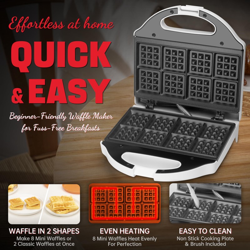 SugarWhisk Square Waffle Maker, 2 x 4" Mini Classic Waffles