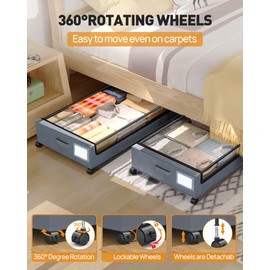 YEEBONIX Under Bed Storage with Wheels, Square Under Bed Storage Containers, 60L Under The Bed Storage Bins, Rolling Under The Bed Storage Metal Drawer for Clothes, Blankets, Shoes...