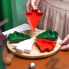 ROSE CREATE 10.8'' Rotatable Snacks Appetizer Trays Set, 5 Pcs Colorful Christmas Tree Snack Dessert Serving Dishes with a Rotatable Bamboo Board, Food Cereal Salad Bowl Ceramic Platter Plate