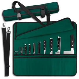 QIQU Green Chef Knife Bag With 20 Slots Cutlery Knives Holders Protectors, Home Kitchen Travel Cooking Tools, Portable Canvas Knife Roll Storage Bag Chef Case for Camping or Working