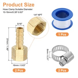 sourcing map 2Pcs Brass Hose Barb Fittings, 5/16" Barb x 1/4" NPT Female Hose Connector with Hose Clamps for Water Fuel Gas Oil Transportation