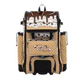 Boombah Catchers Superpack Hybrid Rolling Bat Bag - Wheeled & Backpack Version - Ice Cream Cookies N Creme Gold/Brown/Arctic Gray