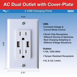 RV Designer S850, AC Dual Outlet with Cover & 2 USB Charge Ports, White