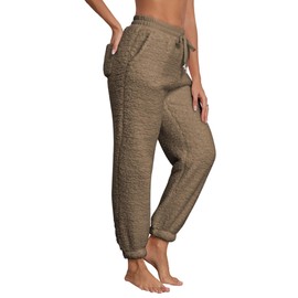 Famulily Womens Winter Warm Pants Thick Sherpa Athletic Jogger Drawstring Fleece Sweatpants with Pockets Coffee L