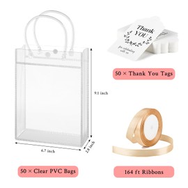 mauproy 50 Pack Clear Plastic Gift Bags with Handles, Party Favor Bags with Ribbons and Tags, Reusable Goodie Tote Bags for Wedding Baby Shower Mother's Day (6.7” x 9.1” x 2.8")