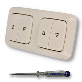 EBROM SET IDEE: Busch Hunter DURO2000 Shutter Switch 2000/4 US (2000/4US) Cream White Glossy Complete Set with Up/Down Arrow Print + EBROM Phase Tester for Assembly