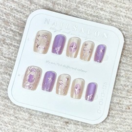 24Pcs Bow Tie Short Square Fake Nails 3D Curve Line Press on Nails Cute Cat Stick on Fingernails Bow Tie Gel Glue on Nail Glossy Purple Sparkly Ombre Bow Heart Star False Nails for Coquette Women