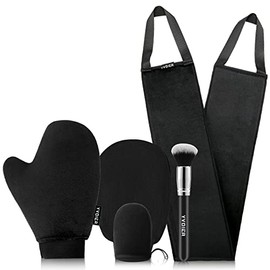 Yvoier - Kit de aplicador de manoplas autobronceadoras sin rayas, paquete de 5 manoplas autobronceadoras con guante de bronceado, aplicador de espalda autobronceadora, cepillo para polvo de bronceado