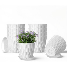 zople 10 Pack 5 Inch Plant Pots with Drainage and Saucers, White Plastic Flower Pots for Indoor and Outdoor Plants, Stackable Nursery Planters for Houseplants and Herbs, White
