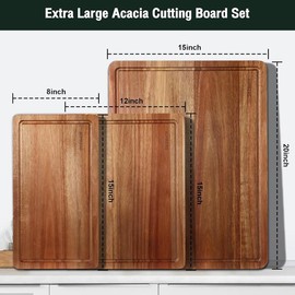 Wood Cutting Boards Set of 3 for Kitchen, Thick Chopping Board, Large Wooden Cutting Board Set with Deep Juice Groove and Handles, Wooden trays for meat, fruit and cheese (17x12, 12x10, 12x7 inch) Knives Rectangular - Size: XX-Large