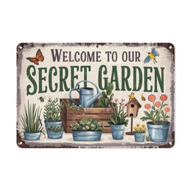 Welcome to Our Secret Garden Vintage Tin Sign, 8X12 Inch Retro Metal Wall Decor for Garden, Porch, or Boho Home Decor, Inspirational Wall Plaque with Rustic Aesthetic