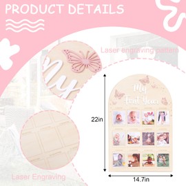 YOUAME My First Year Birthday Wooden Photo Board - Butterfly Themed First Year Milestone Photo Board, 12 Months Baby Girl Birthday Picture Wood Frame, Girls Pink Birthday Party Decorations