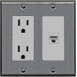 RiteAV - 15 Amp Power Outlet and 1 Port Cat5e Ethernet Decorative Type Wall Plate - Stainless Steel/Gray