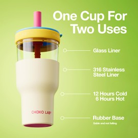 CHAKO LAB Insulated Stainless Steel Water Bottle | Dual-layer tumbler with Glass Linner and Stainsteel Linner | BPA-Free Leak Proof Thermos | 20oz Bottle with Two Straw | Yellow & Purple
