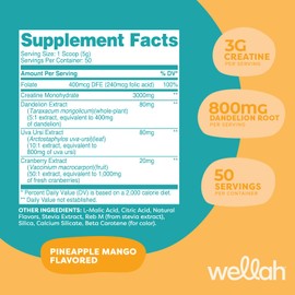 Wellah Pump-It-Up Creatine (50 Servings, Pineapple Mango) - Creatine Monohydrate with Dandelion, Uva Ursi, & Cranberry Extract