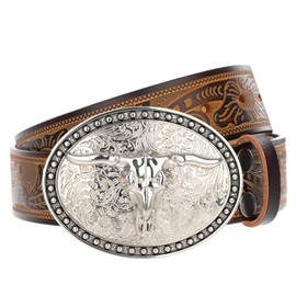 Evbopa Western Leather Belts for Men Cowboy Belt Mens Engraved Bull Buckle Belts, Silver Buckle/Brown Belt, 45"-47"