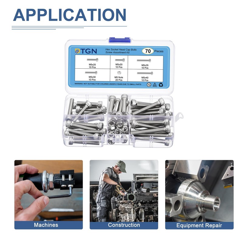 DTGN 70pcs M5 Meter Thread Assortment Bolt and Nut Kit