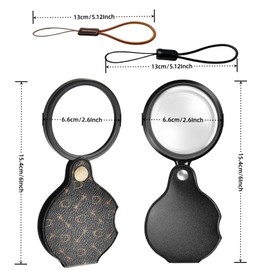 2PCS 15X Magnifying Glass Loupe Small Pocket Magnifying Lenses Glass Protective Holster Leather Lanyard for Seniors Reading Inspection Coin Hobby Jewelry or Exploring (Black + Black Print)