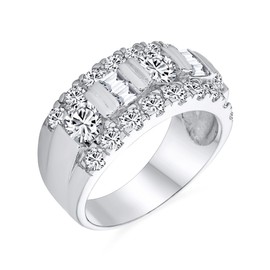 Personalize Channel Set AAA CZ Alternating Round Baguette Wide Couples Art Deco Style Wedding Band Ring For Women .925 Sterling Silver 9MM Customizable