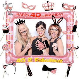 40th Birthday Inflatable Picture Frame with 22 Pieces Photo Props, 40th Photo Booth, Happy Birthday Party Photo Box Accessories, Rose Gold Selfie for Women Birthday