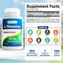 Best Naturals L-Theanine 200mg per Tablet (400mg per 2 Tablets) - Promotes Relaxation Without Drowsiness - 120 Vegetarian Tablets - (120 Count (Pack of 1))