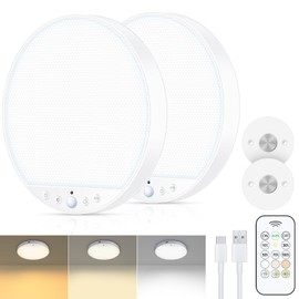 Rechargeable 8W Motion Sensor Ceiling Light, Wireless Magnetic Stick-On, Remote Control for Color & Brightness, Battery Operated Light for Shower, Closet, Bathroom, Pantry, Hallway, 2-Pack