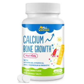 ChiQwench 500 MG Calcium Supplement with Vitamin D3 & K2, Zinc, Magnesium & Prebiotics. Kids Vitamins for Kids' Height. Bone Strength, High Absorption, Orange Chewables, Non-GMO, Gluten Free, 60 Tabs
