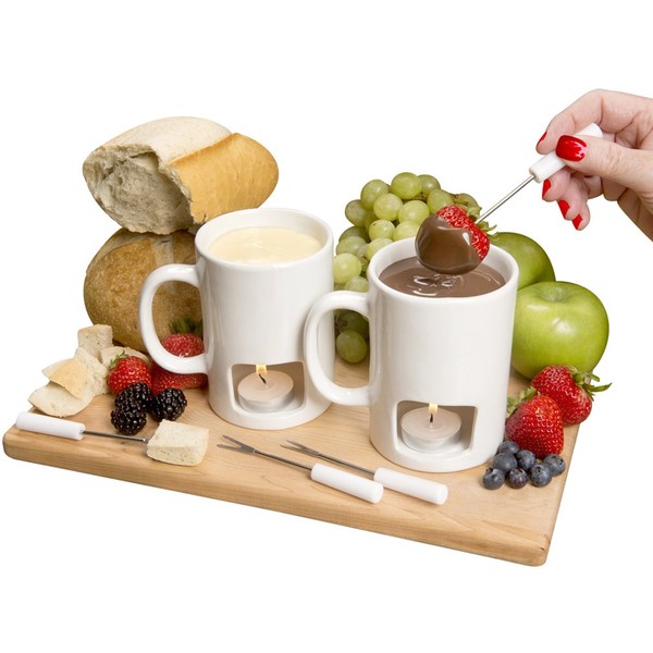 Evelots Mini Fondue Pot Set/Personal Fondue Mugs-Chocolate/Cheese/Fondue Maker Gift Set/2 Ceramic Mugs/Forks/Candles