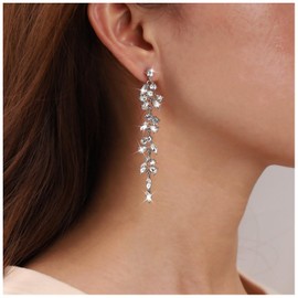 Atentuyi Long Rhinestone Earrings Silver Leaf CZ Drop Earrings Rhinestone Earrings Dangle Earrings Rhinestone Chandelier Earrings Crystal Wedding Earrings Brides Sweetv Earrings Jewellery Women Girls,