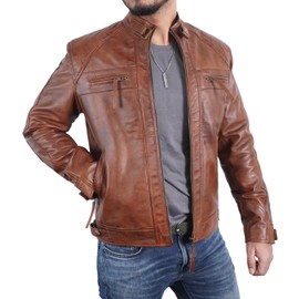 STOREJEES Quilted Leather Jacket Classic Biker Moto | Diamond Brown - 4XL Jacket