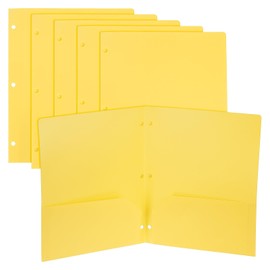 PATIKIL 6 Pcs Plastic Two Pocket Folders, 3 Hole Punch Durable Heavy Duty 2 Pocket File Folders, Letter Size Binder Index Divider with Business Card Slot for Office Home, Yellow