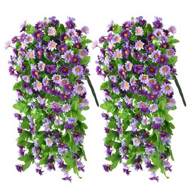 2 Pack Artificial Hanging Flowers, Fake Mums Artificial Flowers for Decoration, Fake Hanging Plants Daisy Faux Silk Flower Bouquet for Wall Home Garden Wedding Outdoor Spring Decor(Dark Orchid)