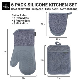 Homewear Marlow Silicone Extra Long Oven Mitt and Pot Holder 6 Piece Set with Mini Mitts, Heat and Slip Resistant, Recycled Cotton with Soft Lining, Thick Kitchen Gloves for Cooking and Baking, Slate