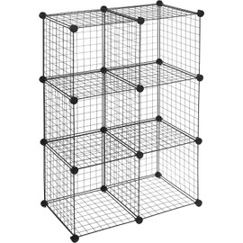 Allgonicer Wire Grid Storage Shelf, Interlocked 14" Cubes, Sturdy & Heavy Duty(40lbs Load/Cube). Floor-Stand(6cubes) or Wall-Hang(9cubes), Handy Organizers for Home Shop Office Schools (6cube, Black)