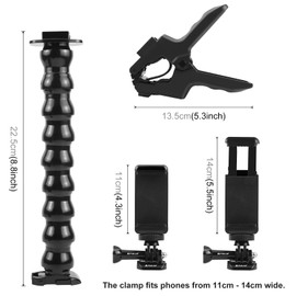 PULUZ Action Camera Flexible Gooseneck Arm Mount Jaws Clamp for Gopro Hero 13 12 11 10 9 8 7, Adjustable Stand with Phone Holder for insta360 X5 X4 X3 and other Action Camera