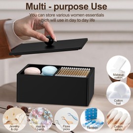 PENGARO Cotton Swab Holder, 16 OZ Qtip Holder Dispenser with Lid, 2 Compartments Cotton Ball Holder, Period Box Bathroom Organizers Storage Bin Floss Dispenser Vanity Cosmetics Tampons Holder, Black