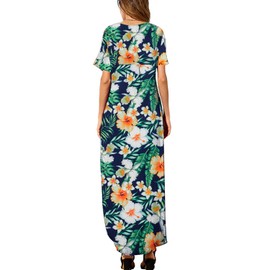 HUSKARY Maxi Dresses for Women 2025 Summer Beach Vacation Flowy Derss Floral Print Long Dresses for Women Boho Navy X-Large