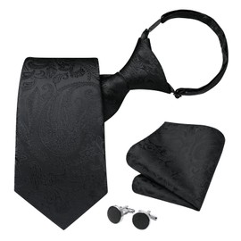 HISDERN Black Ties for Men Pre-tied Adjustable Ties Woven Paisley Necktie Handkerchief Wedding Business Formal Tie for Men