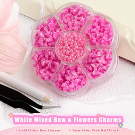 Kikonoke 420PCS Bow Nail Charms Kit with Half Pearls, 3D Acrylic Nail Gems Rhinestones, Pickup Tools for Nail Art Design, DIY Crafts, Valentine Gifts (Gold Glitter Rose)