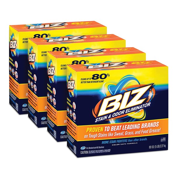Biz Laundry Detergent Powder Booster, Stain & Odor Removal - 4-Pack, 80 Ounce Boxes