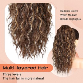 PORSMEER Claw Clip in Ponytail Hair Extensions 18 inches Long Curly Brown Ponytail Multi Layered Natural Fluffy Wave Synthetic Hairpiece for Womens Girls Everyday Wear