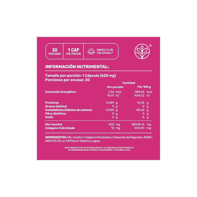 LIFE 360 Inositol de 30 Cpsulas de 620 mg. Suplemento