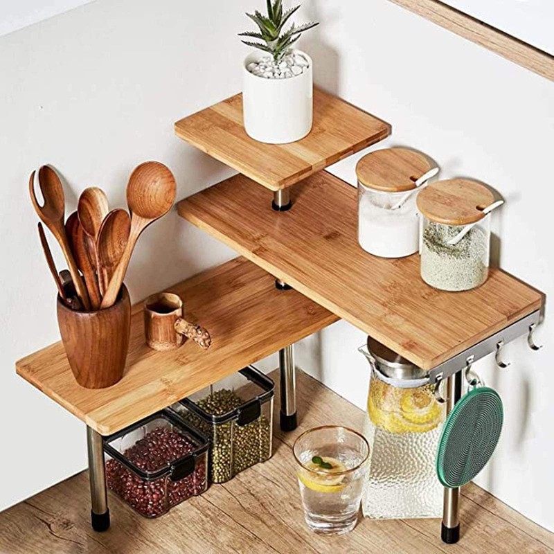 HYNAWIN 3-Tier Corner Shelf, Bamboo & Metal Storage Rack with