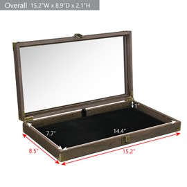 MOOCA Wooden Tempered Glass Top Jewelry Display Case with Metal Hinge and Removable Black Luxurious MDF Velvet Display Pad, Corner Protection, Dark Brown Color