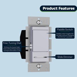 TOPGREENER Dimmer Switch with Light Adjustment Slider, Single Pole or 3 Way, 150W LED, 600W Incandescent/Halogen, 120V 60Hz, UL Listed, TGDMDS-120-SV, Silver