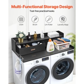 VEVOR 2 Drawers Washer Dryer Countertop with Shelf, 54" x 27" Wooden Laundry Countertop with 2 Hooks & Non-Slip Pads, Washer and Dryer Covers for The Top, Laundry Room Organization and Storage, Black