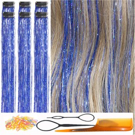 CelineBella Clip In Tinsel Hair Blue Sparkly Hair Strands for Girls 24 Inch 80 Strands/Pcs Heat Resistant Blue Tinsel Hair for Party Festival Gift