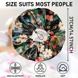 Zewurtuw Luxury Shower Cap Adjustable Reusable Double Waterproof Layer Elastic Satin Lined Hair Bath Cap Cute Aesthetic Women Girls-Cat Flower