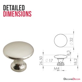 Decoranddecor Calico Kitchen Cabinet Knobs 32mm Diameter Minimal Round Design Brushed Chrome